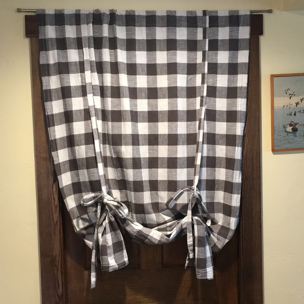 Gray and white gingham tie up curtain